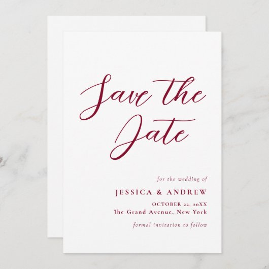 Minimalistische Bourgondië rood & wit eenvoudige b Save The Date (Voorkant / Achterkant)