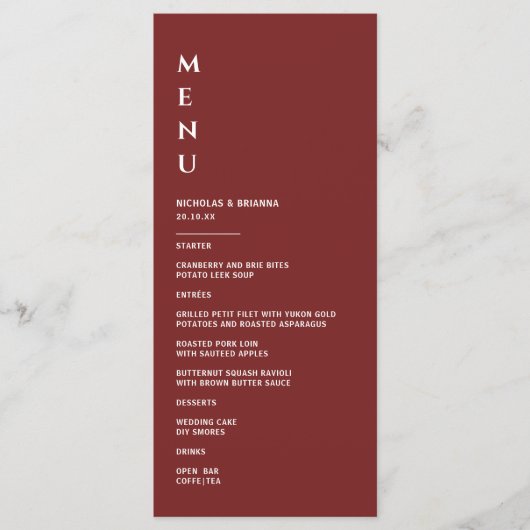 Minimalistische Bourgondische Bruiloft Menu (Voorkant)