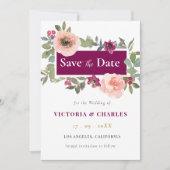 Minimalistische Bourgondische Waterverf Bloemenbru Save The Date (Voorkant)