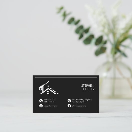 Minimalistische bouwaannemer architect zwart visitekaartje (Staand voorkant)