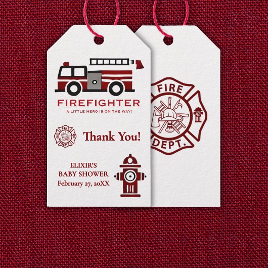 Minimalistische brandweerman "Little Hero" Baby sh Cadeaulabel