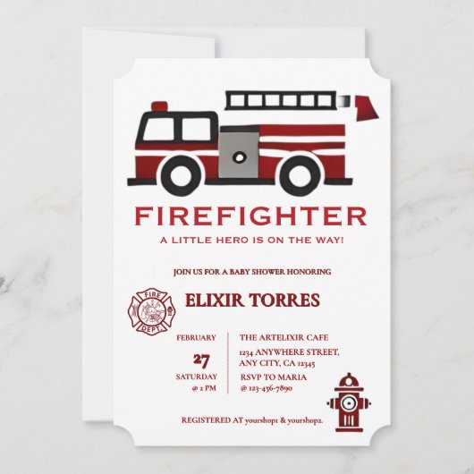 Minimalistische brandweerman "Little Hero" Baby sh Kaart (Voorkant)