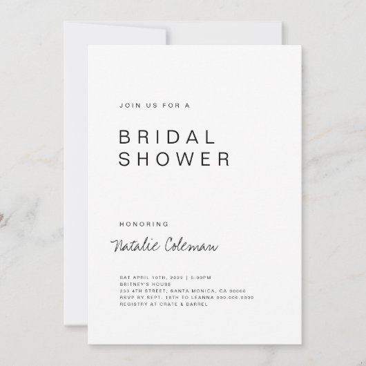 Minimalistische bridal Shower Invitation, Eenvoudi Kaart (Voorkant)