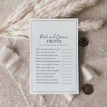 Minimalistische bride en Groom Trivia Game Flyer<br><div class="desc">Deze minimalistische bruid- en bruintriviespel is perfect voor een eenvoudige trouwdouche. Het moderne romantische ontwerp kenmerkt klassieke zwarte en witte typografie in combinatie met een robuuste, maar elegante kalligrafie met een stijl met handschrift. in elke kleur. Houd het ontwerp eenvoudig en elegant, zoals het is, of personaliseer het door uw...</div>