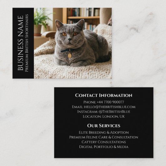 Minimalistische British Shorthair aangepaste Zwart Visitekaartje (Voorkant / Achterkant)