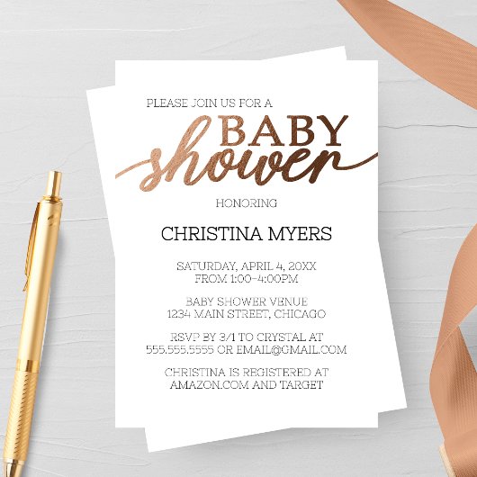 Minimalistische Bronze Elegant Baby shower Uitnodi Kaart