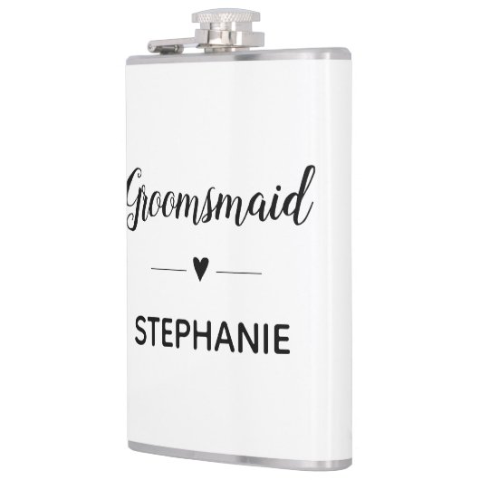 Minimalistische bruidsmeisje met naam script bruil heupfles (Links)