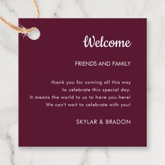 Minimalistische bruiloft Bourgondië welkomstgesche Bedankjes Labels (Voorkant)