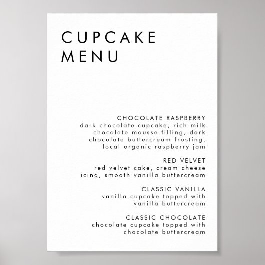 Minimalistische bruiloft Dessert Bar Cupcake Menu Poster (Voorkant)