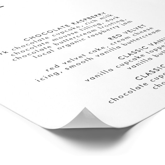 Minimalistische bruiloft Dessert Bar Cupcake Menu Poster (Hoek)