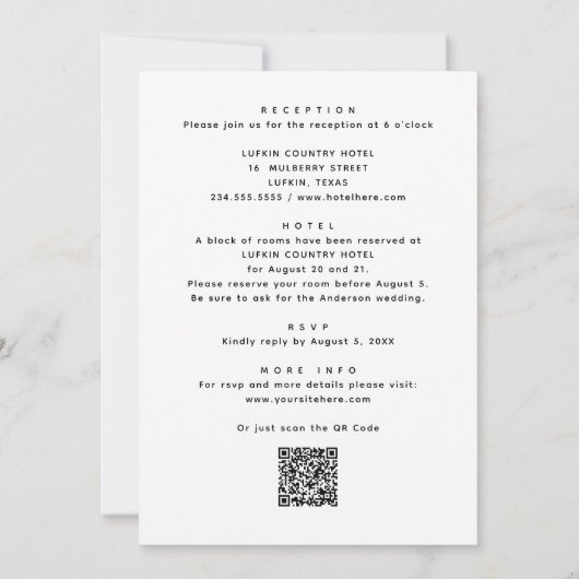 Minimalistische bruiloft + details & QR. Modern mo Kaart (Achterkant)