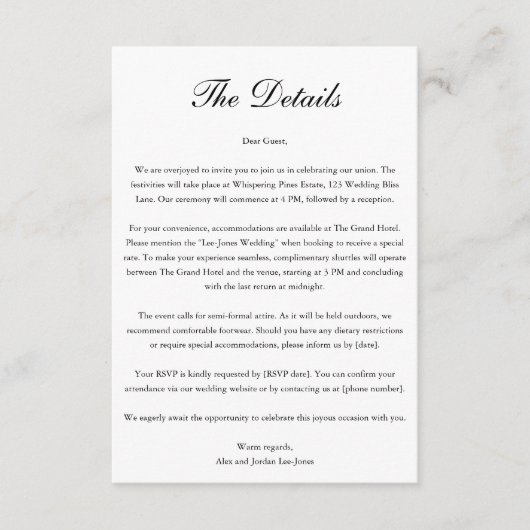 Minimalistische bruiloft details Script foto Informatiekaartje (Voorkant)