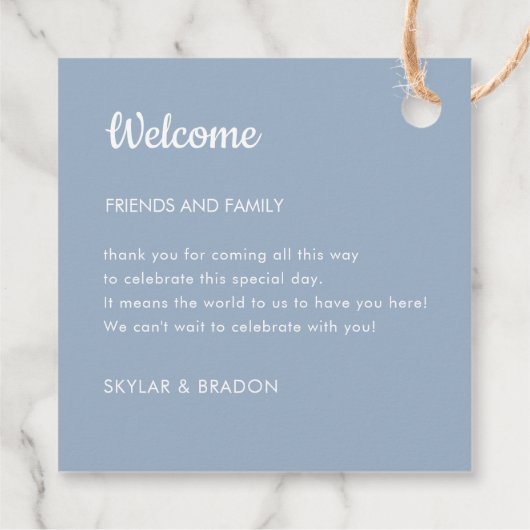 Minimalistische bruiloft Dusty Blue welkomstgesche Bedankjes Labels (Achterkant)