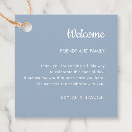 Minimalistische bruiloft Dusty Blue welkomstgesche Bedankjes Labels (Voorkant)