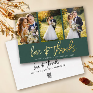 Minimalistische bruiloft foto collage groen dank u folie uitnodiging