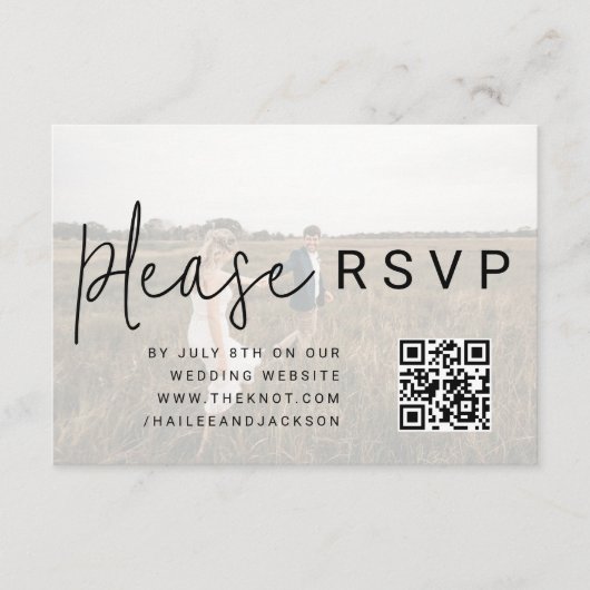 Minimalistische bruiloft foto overlay QR-code RSVP Informatiekaartje (Voorkant)