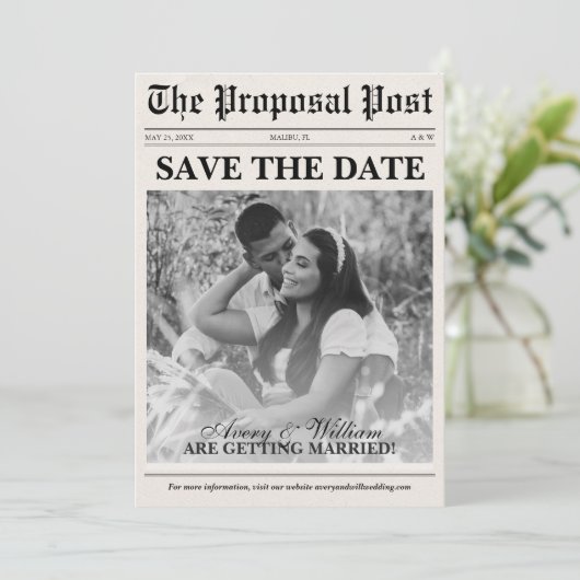  minimalistische bruiloft krant foto save the date (Staand voorkant)