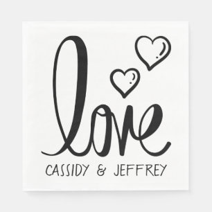 Minimalistische bruiloft liefde hart zwart wit bru servet