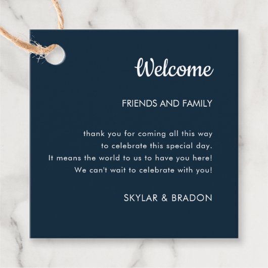 Minimalistische bruiloft marine blauw welkomstgesc bedankjes labels (Voorkant)