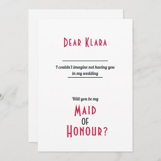 Minimalistische bruiloft meid van eer uitnodiging (Voorkant / Achterkant)