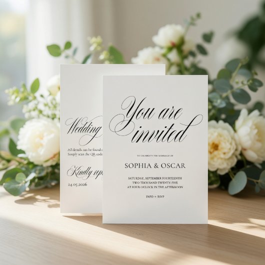 Minimalistische bruiloft met QR-code | Elegant Kaart