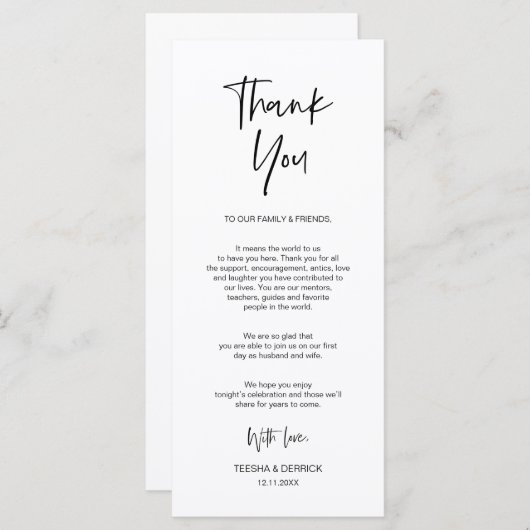 Minimalistische, bruiloft plaats instelling dank u programmakaart (Voorkant / Achterkant)