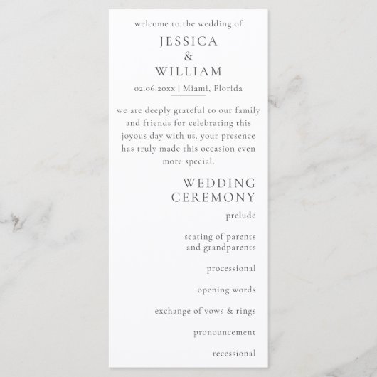 Minimalistische bruiloft programmakaart (Voorkant)
