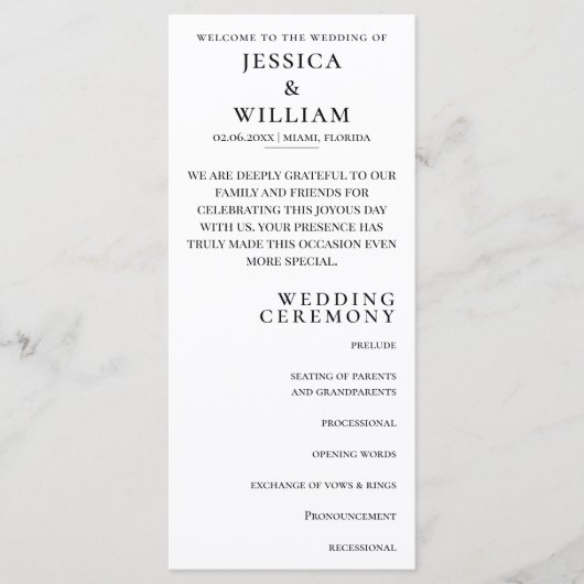 Minimalistische bruiloft programmakaart (Voorkant)