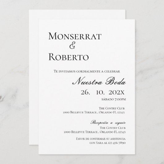 Minimalistische bruiloft uitnodiging in het Spaans (Voorkant / Achterkant)