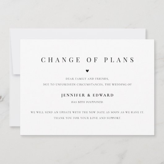 Minimalistische bruiloft uitstel wit kaart (Voorkant)