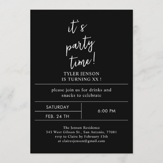 Minimalistische bruiloft verjaardagsfeestje zwart  kaart (Voorkant)