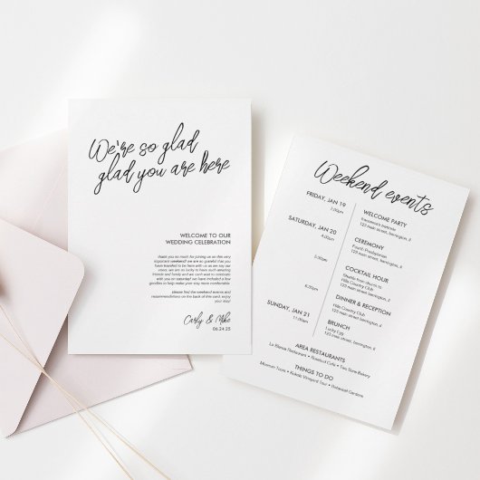 Minimalistische bruiloft welkomsttas Insert Programmakaart