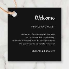 Minimalistische bruiloft zwart welkomstgeschenk bedankjes labels