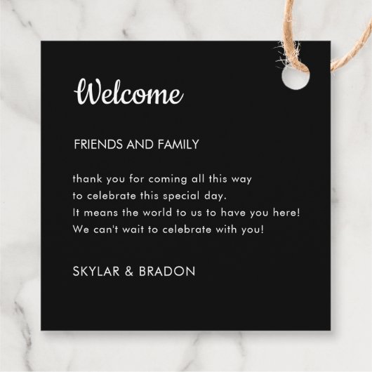 Minimalistische bruiloft zwart welkomstgeschenk bedankjes labels (Achterkant)