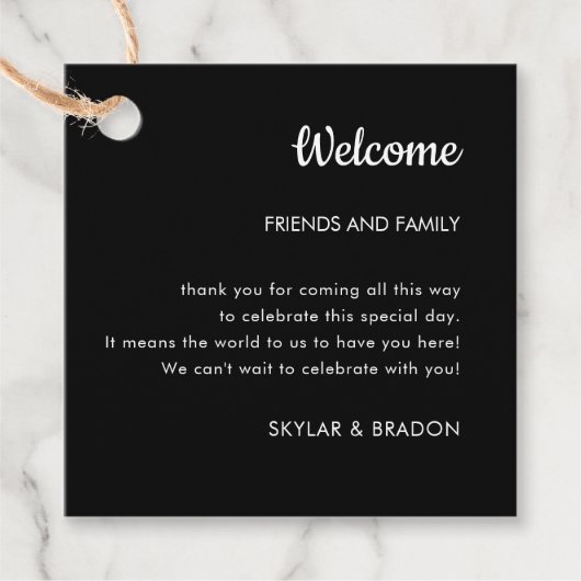 Minimalistische bruiloft zwart welkomstgeschenk bedankjes labels (Voorkant)