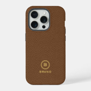 Minimalistische bruine leren tekst aangepaste mono iPhone 15 pro case