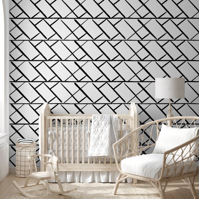 Minimalistische Brush Herringbone zwart wit patroo Behang (Kinderen)