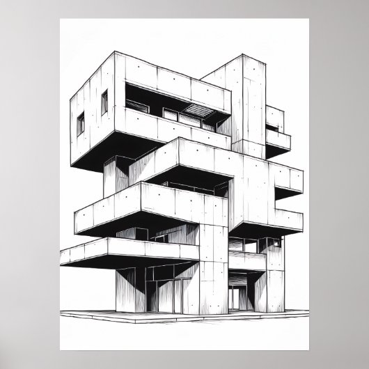 Minimalistische Brutalistische Architectuur Lijn K Poster (Voorkant)