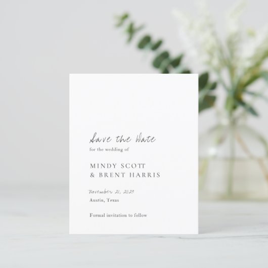 Minimalistische budget bruiloft Save the Date (Staand voorkant)