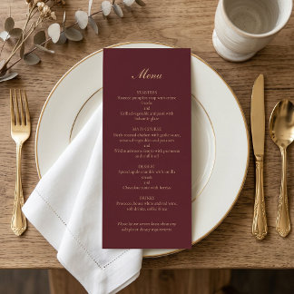 Minimalistische Burgundy Gouden Script Trouwdiner Menu