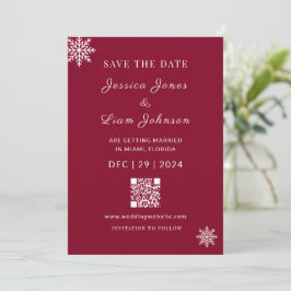 Minimalistische Burgundy Rode Winter Huwelijks QR  Save The Date