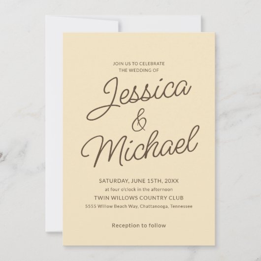 Minimalistische Butter Geel Bruin Script Wedding Kaart (Voorkant)