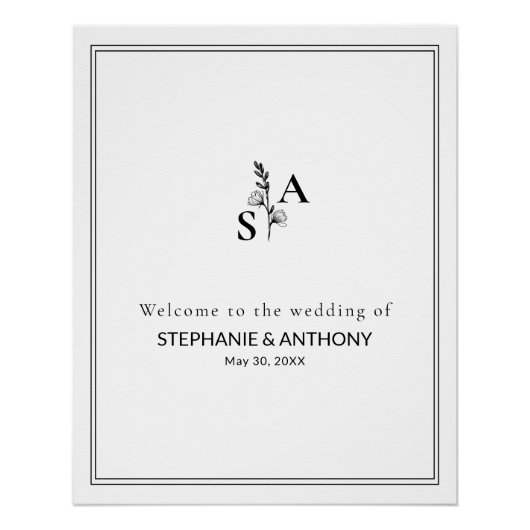 Minimalistische BW Monogram Wilde Bloem Bruiloft Perfect Poster (Voorkant)