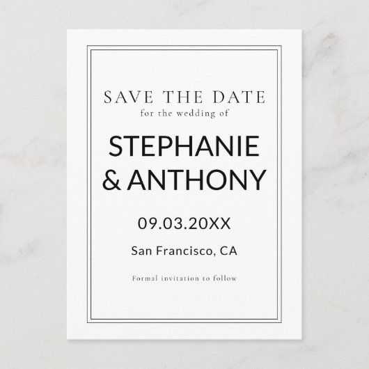 Minimalistische BW Monogram Wildflower Wedding Aankondigingskaart (Voorkant)