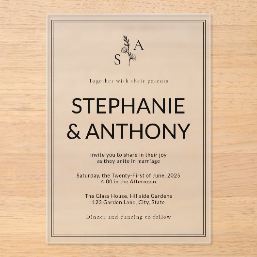 Minimalistische BW Monogram Wildflower Wedding Acryl Uitnodigingen (Voorkant)