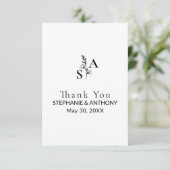 Minimalistische BW Monogram Wildflower Wedding Bedankkaart (Staand voorkant)