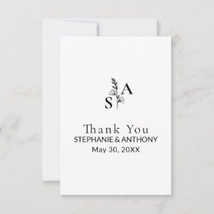 Minimalistische BW Monogram Wildflower Wedding Bedankkaart