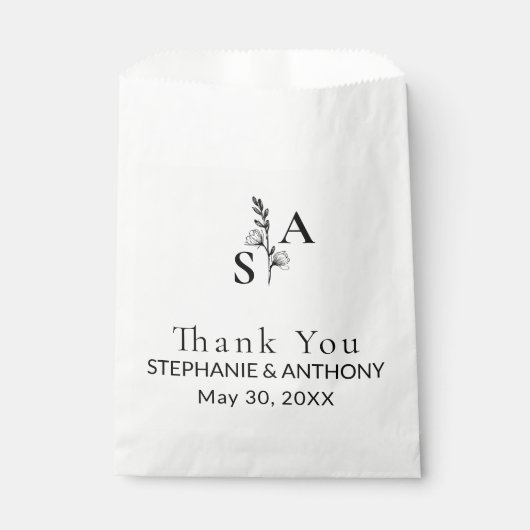 Minimalistische BW Monogram Wildflower Wedding Bedankzakje (Voorkant)
