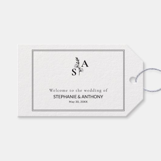 Minimalistische BW Monogram Wildflower Wedding Cadeaulabel (Voorkant (Horizontaal))
