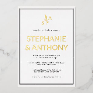 Minimalistische BW Monogram Wildflower Wedding Folie Uitnodiging